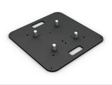 A black steel base plate with pre-drilled holes and half connectors designed for M222/M290/M390 truss systems.