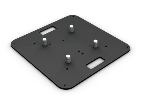 A black steel base plate with pre-drilled holes and half connectors designed for M222/M290/M390 truss systems.