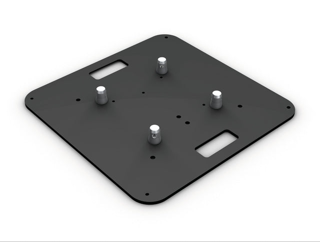 A black steel base plate with pre-drilled holes and half connectors designed for M222/M290/M390 truss systems.